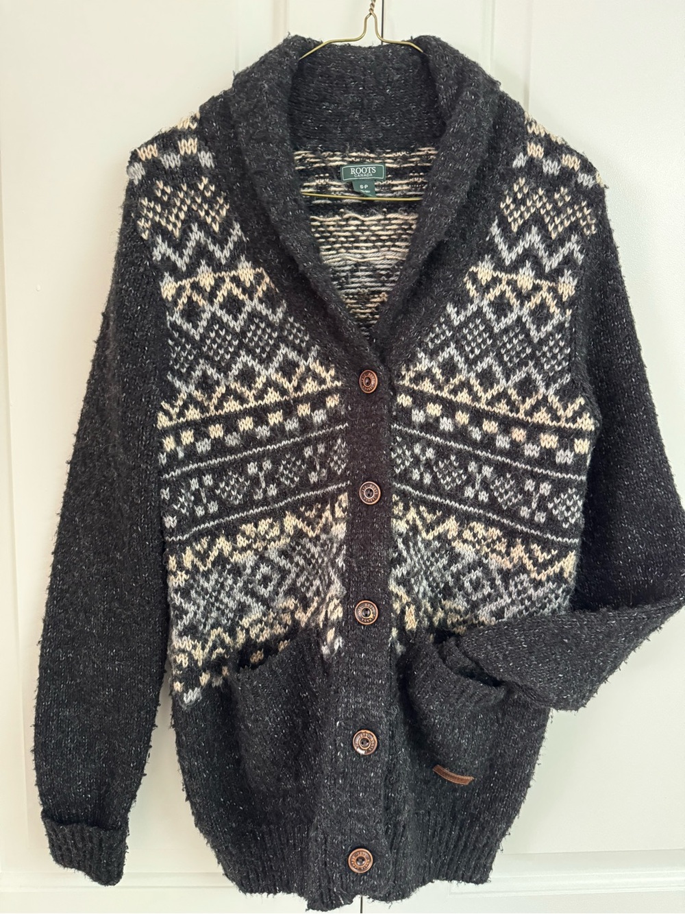 Roots Canada Black & Cream Fair Isle Knit Cardigan